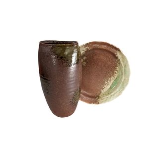 Ceramics set oval vase plate unique pottery art made in Japan vintage